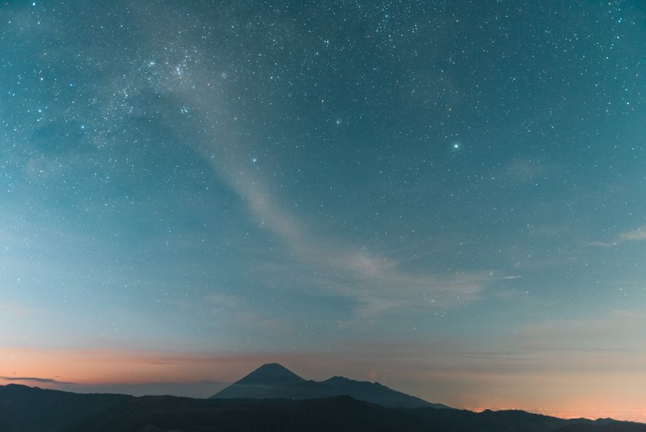 A breathtaking view of a starry sky over Mount Bromo in East Java, Indonesia.